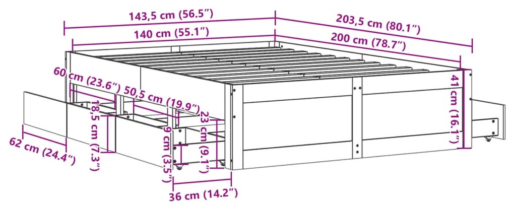 Σκελετός Κρεβατιού Χωρίς Στρώμα με Συρτάρια Μασίφ Ξύλο Πεύκου - Λευκό