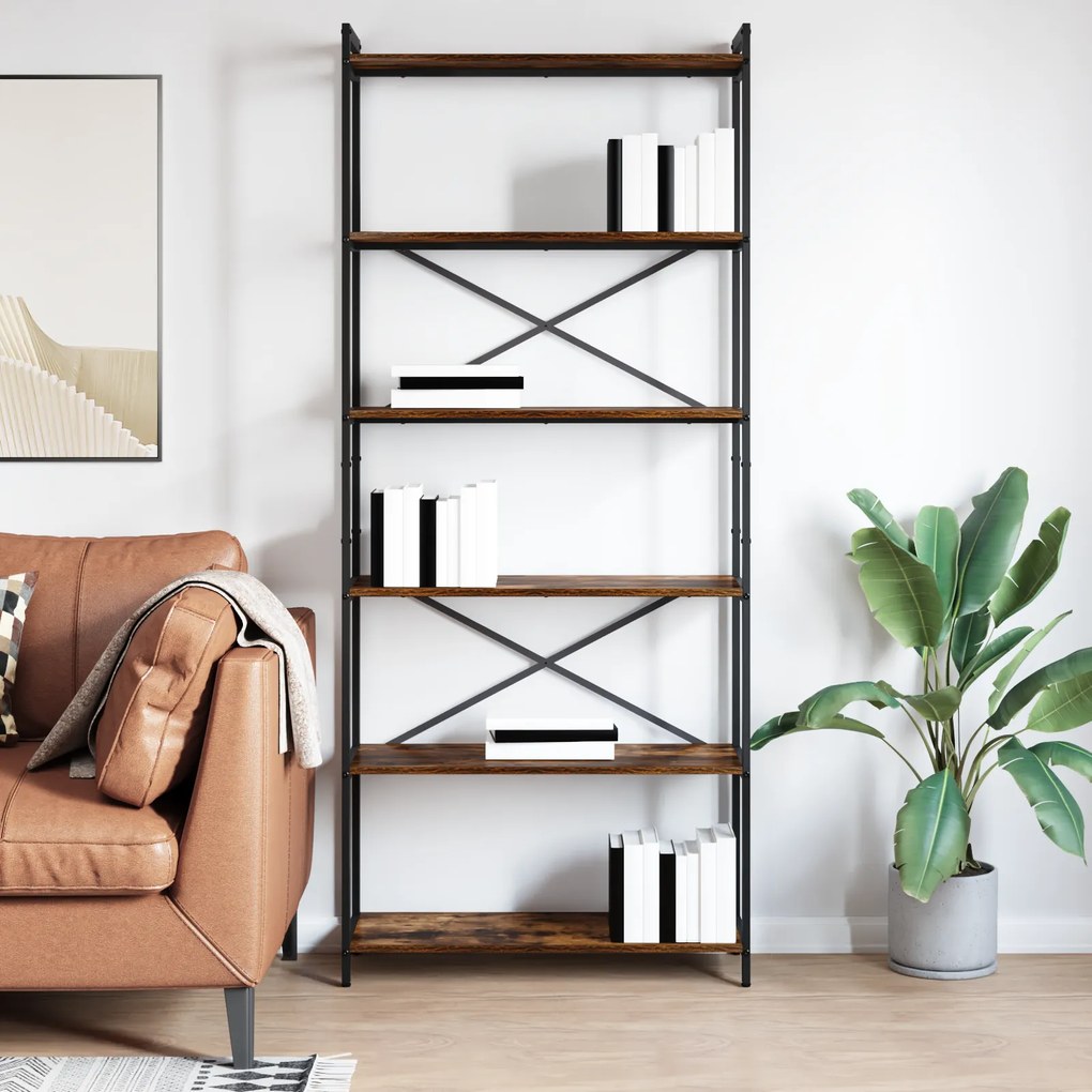 vidaXL Βιβλιοθήκη Καπνιστή δρυς 80 x 30 x 188 εκ Ξύλο και Χάλυβας