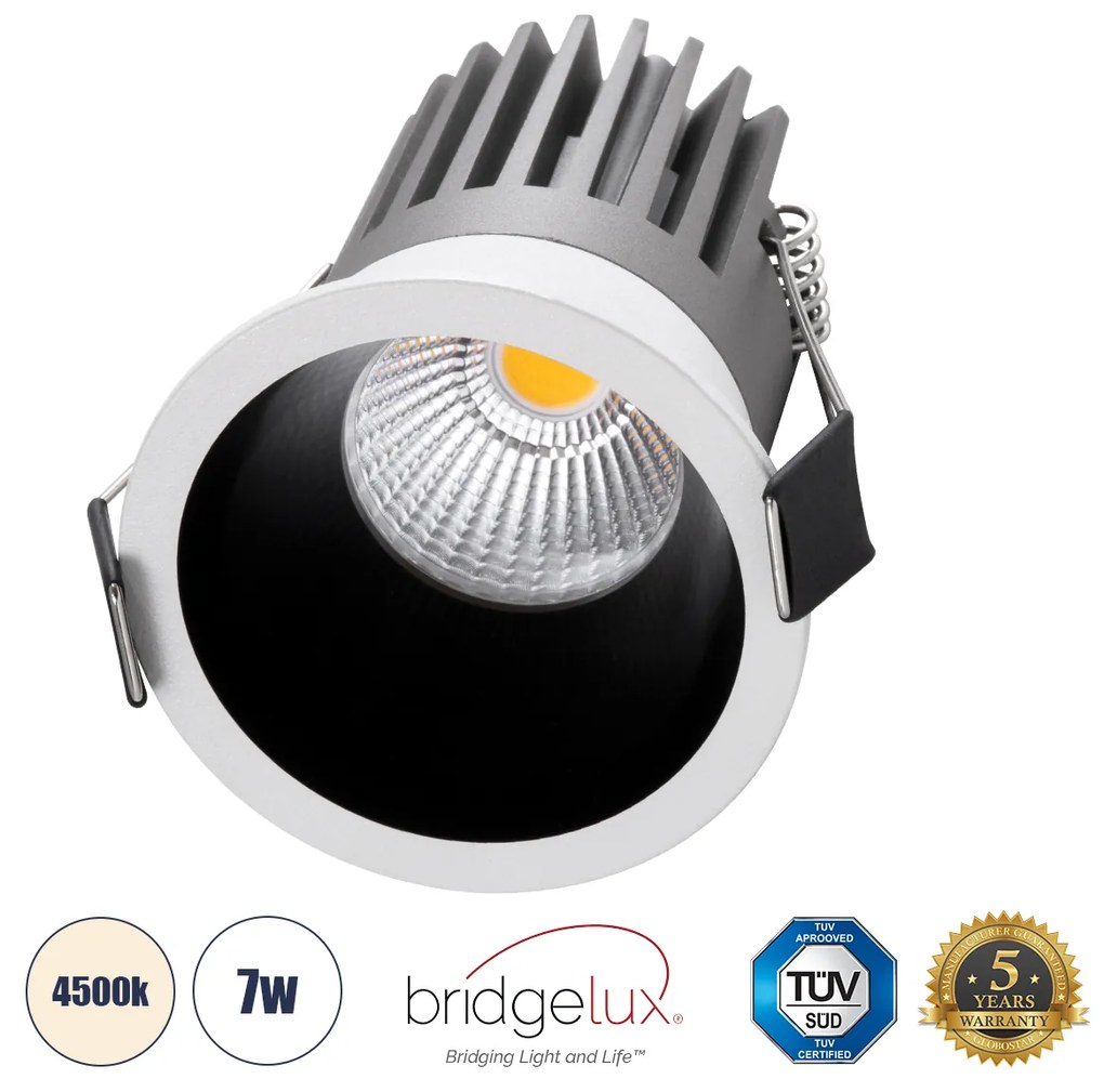 GloboStar MICRO-B 60240 Χωνευτό LED Spot Downlight TrimLess Φ6cm 7W 910lm 38° AC 220-240V IP20 Φ6 x Υ7.8cm - Στρόγγυλο - Λευκό με Μαύρο Κάτοπτρο - Φυσικό Λευκό 4500K - Bridgelux COB - 5 Years Warranty