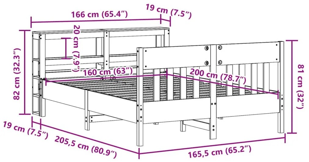 Σκελετός Κρεβατιού Χωρίς Στρώμα 160x200 εκ Μασίφ Ξύλο Πεύκου - Καφέ