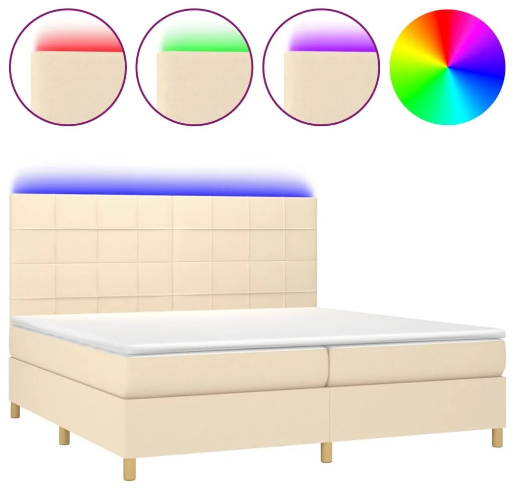 vidaXL Κρεβάτι Boxspring με Στρώμα &amp; LED Κρεμ 200x200 εκ. Υφασμάτινο