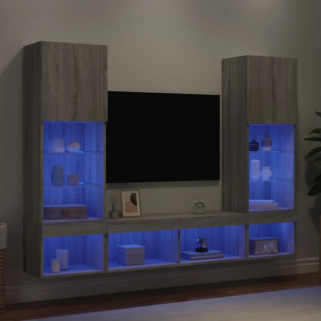 vidaXL Έπιπλα Τοίχου Τηλεόρασης 5 τεμ. LED Γκρι Sonoma από Επεξ. Ξύλο