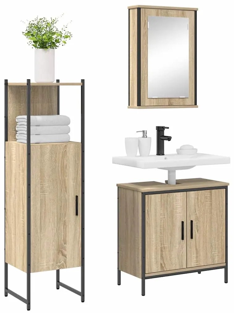 vidaXL Σετ Επίπλων Μπάνιου με ράφι 3 pcs Καφέ Επεξεργασμένο ξύλο