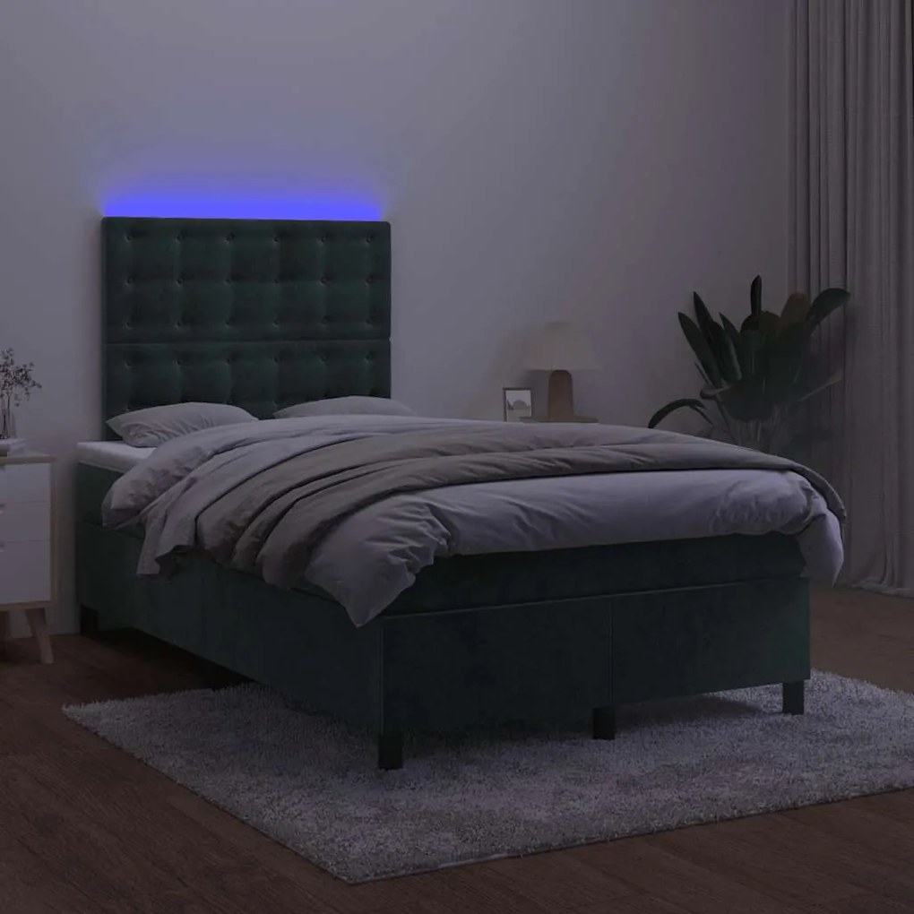 vidaXL Κρεβάτι Boxspring με Στρώμα & LED Σκ. Πράσινο 120x190εκ Βελούδο
