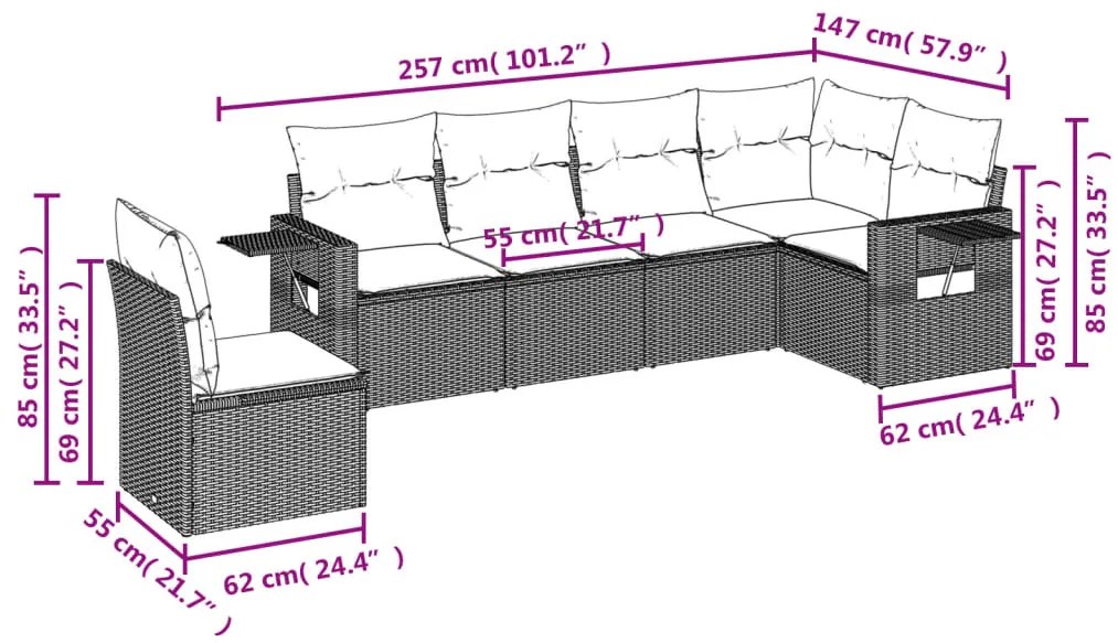 vidaXL Καναπές Κήπου 6 Τεμαχίων Μαύρο από Συνθετικό Ρατάν με Μαξιλάρια