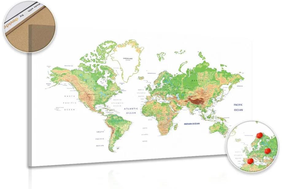 Εικόνα στον κλασικό παγκόσμιο χάρτη από φελλό με λευκό φόντο - 120x80  wooden