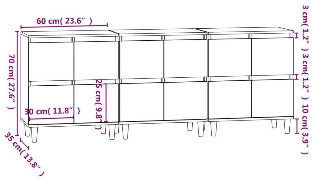 Ντουλάπια 3 τεμ. Καπνιστή Δρυς 60x35x70 εκ. Επεξεργασμένο Ξύλο - Καφέ