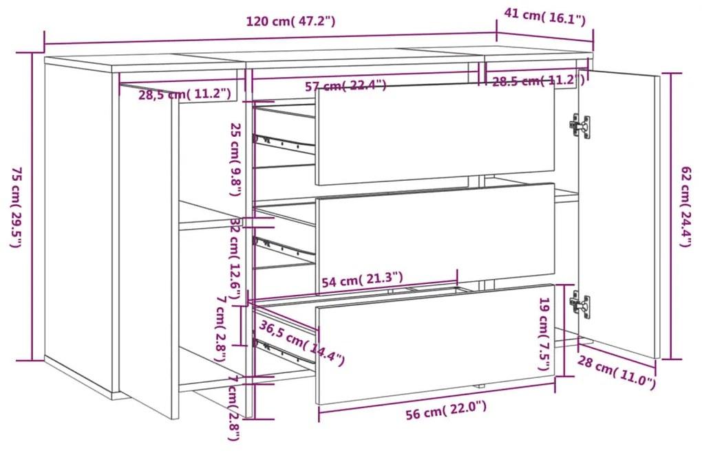 Συρταριέρα με 3 Συρτάρια Λευκή 120 x 41 x 75 εκ από Επεξ. Ξύλο - Λευκό