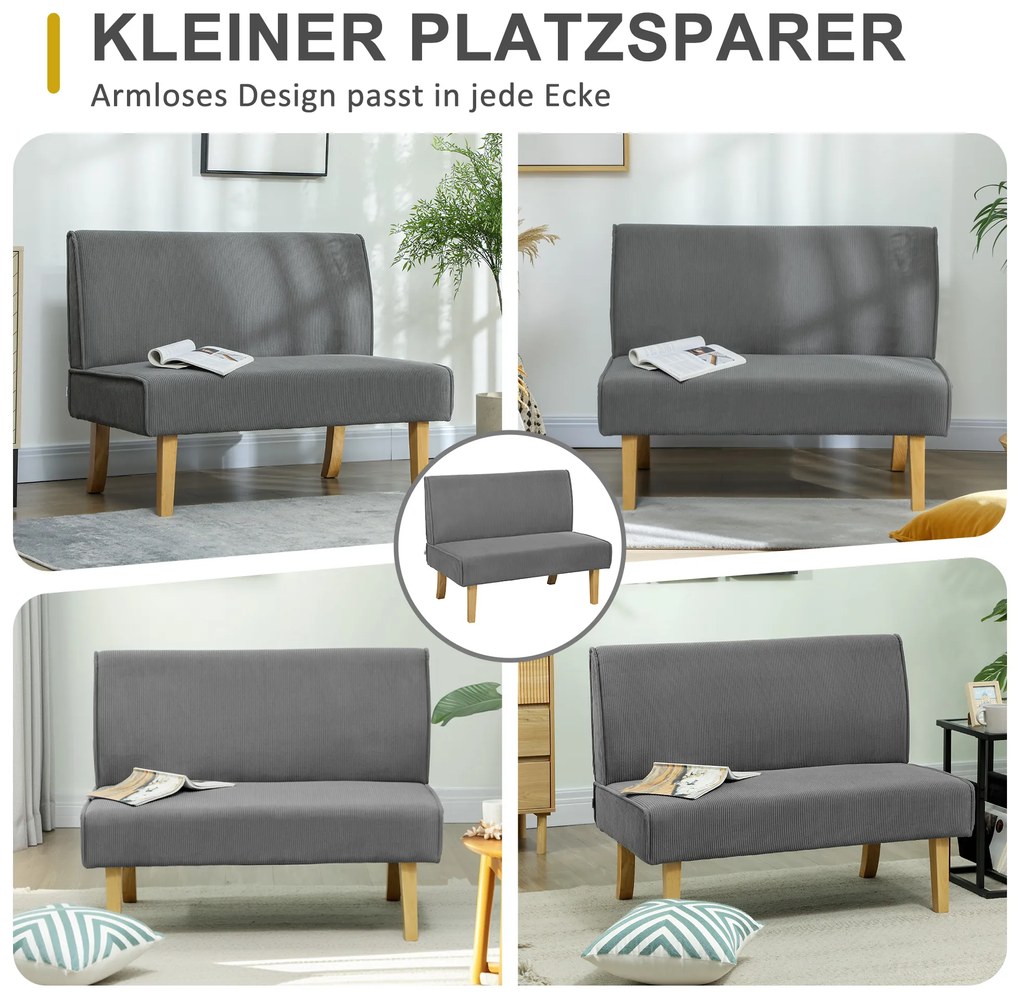 Διθέσιος καναπές HOMCOM με κάλυμμα κοτλέ, παχιά επένδυση και συμπαγή ξύλινα πόδια για σαλόνι, υπνοδωμάτιο, γραφείο, γκρι