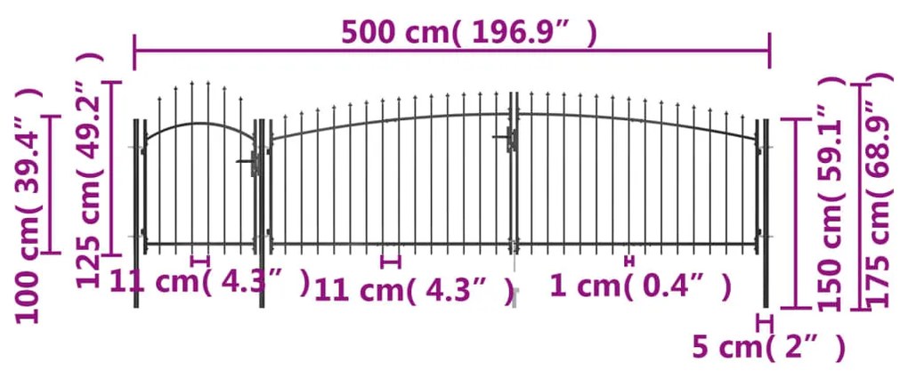 vidaXL Καγκελόπορτα με Λόγχες Μαύρη 5 x 1,75 μ.