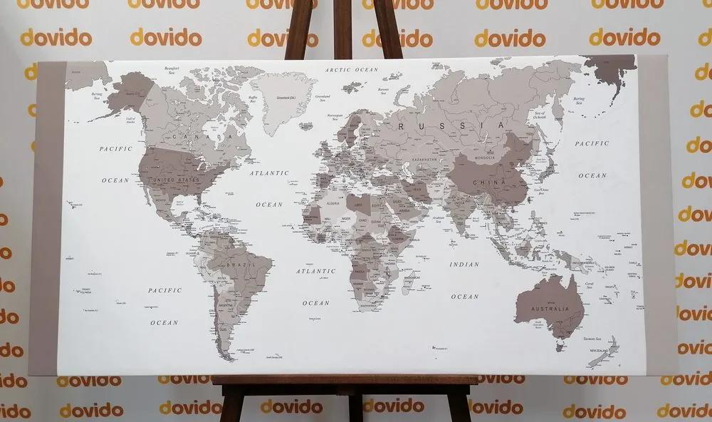 Εικόνα σε φελλό λεπτομερής παγκόσμιος χάρτης σε ασπρόμαυρο σχέδιο - 120x60