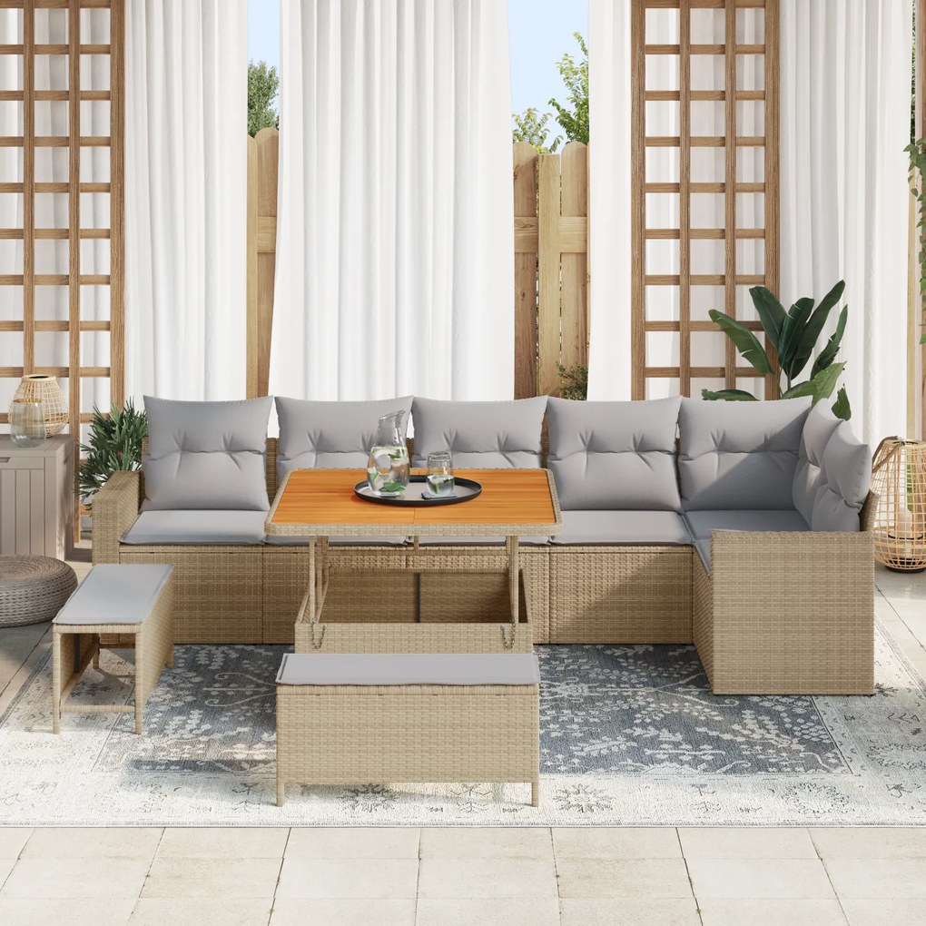 vidaXL Set Καναπέ Κήπου 9 Τεμαχίων με Μαξιλάρια Μπεζ Πολυ Ράττεν Ακακία.
