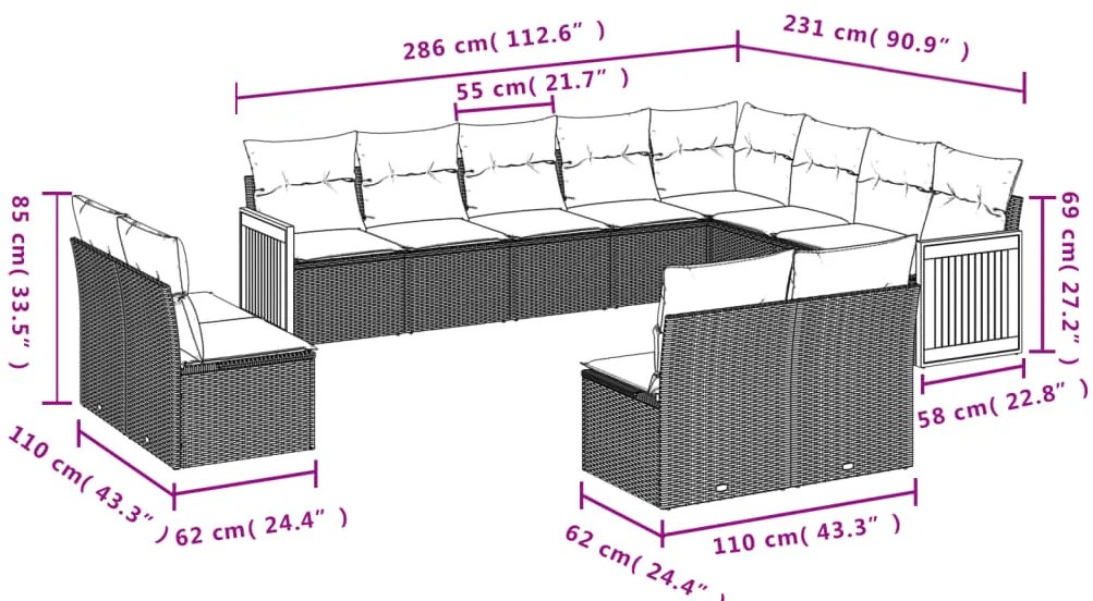 vidaXL Σαλόνι Κήπου Σετ 12 τεμ. Μπεζ Συνθετικό Ρατάν με Μαξιλάρια