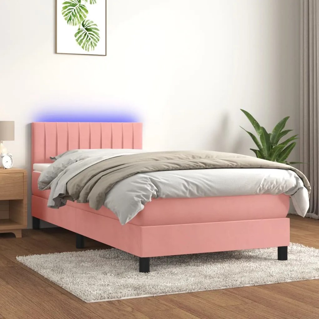 vidaXL Κρεβάτι Boxspring με Στρώμα & LED Ροζ 90x190 εκ. Βελούδινο