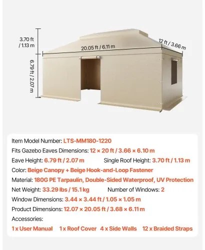 VEVOR Winter Gazebo Cover Fits 3.66 x 6.10m Hardtop Gazebos, All-Weather Double-Tiered Gazebo Cover with Sidewalls &amp; Mesh Windows, High-Density PE Enclosed Storage Shelter Covers, Gazebos not Included
