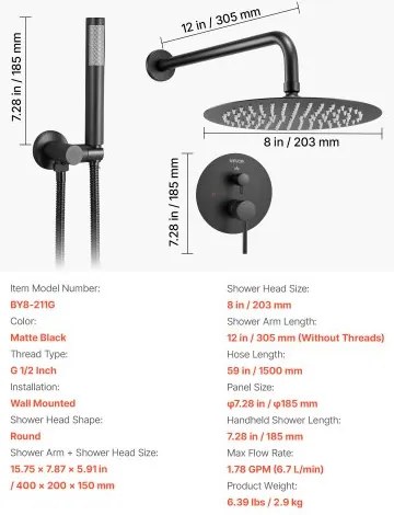 VEVOR Shower Faucet Set 8&quot; Round Rain Shower Head and Hand Set Matte Black