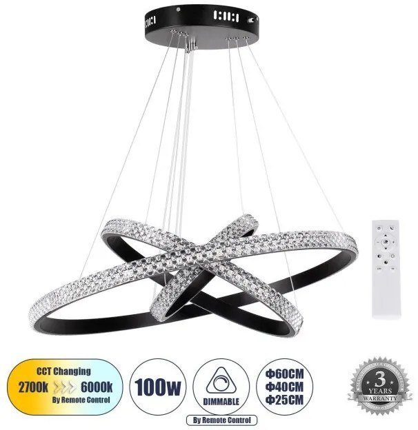 Κρεμαστό Φωτιστικό Οροφής LED 100W 12123lm DIAMOND ΤRIO Globostar-61136-DECO-Μαύρο 61136-DECO