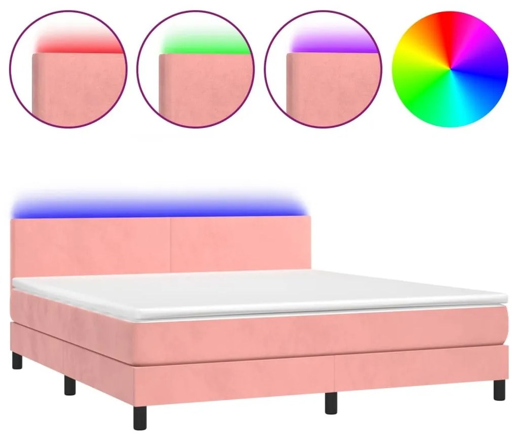 Κρεβάτι Boxspring με Στρώμα &amp; LED Ροζ 180x200 εκ. Βελούδινο - Ροζ