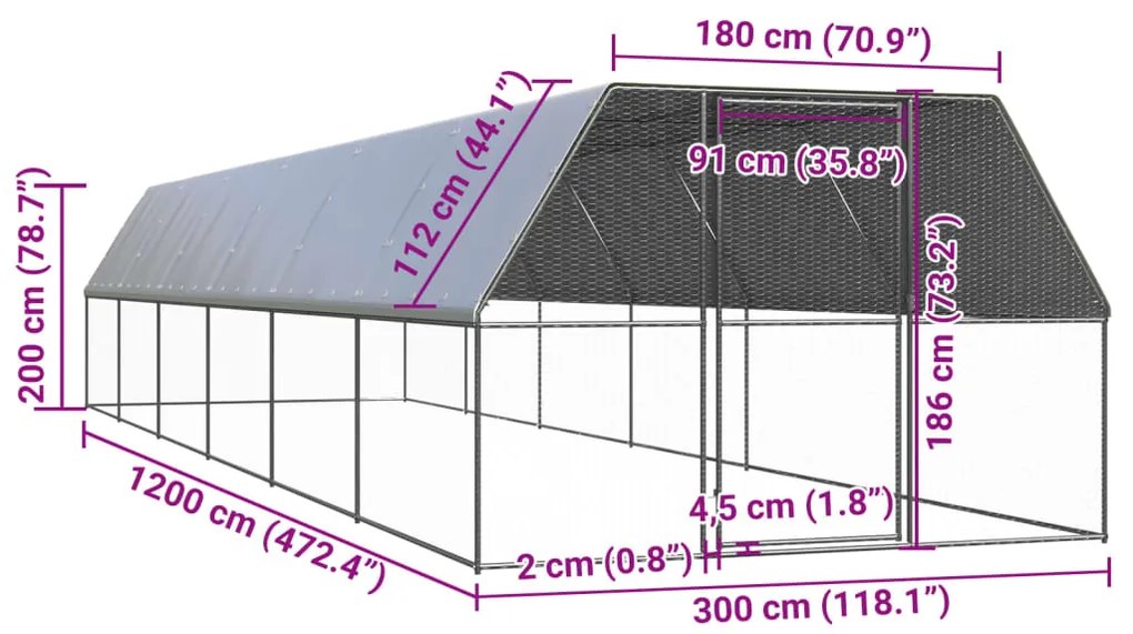 vidaXL Κοτέτσι - Κλουβί Εξωτ. Χώρου 3x12x2 μ. από Γαλβανισμένο Χάλυβα