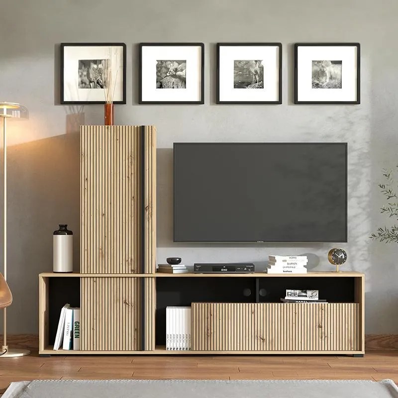 Κέντρο Ψυχαγωγίας - Σύνθεση Chania Artisan Oak - Artisan Oak με Μαύρες Γραμμές - Μαύρο 196x33x140 εκ.