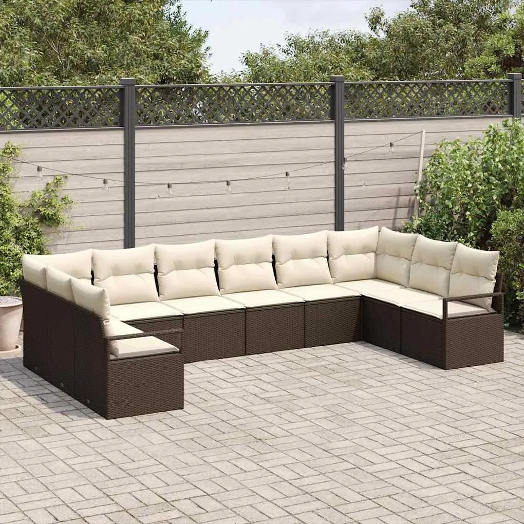 vidaXL Σετ Καναπέ Κήπου 10 pcs Καφέ, Κρέμα Πολυ rattan, βαμμένο ατσάλι