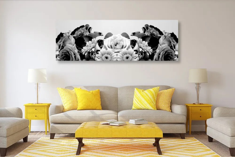 Εικόνα φλοράλ σύνθεσης με ρομαντική πινελιά σε ασπρόμαυρο - 120x40