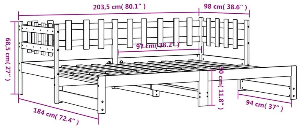 Καναπές Κρεβάτι Συρόμενος Μαύρος 2x(90x200) εκ. από Μασίφ Πεύκο - Μαύρο