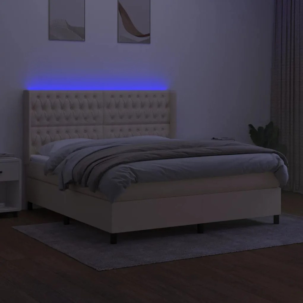 vidaXL Κρεβάτι Boxspring με Στρώμα & LED Κρεμ 180x200 εκ. Υφασμάτινο