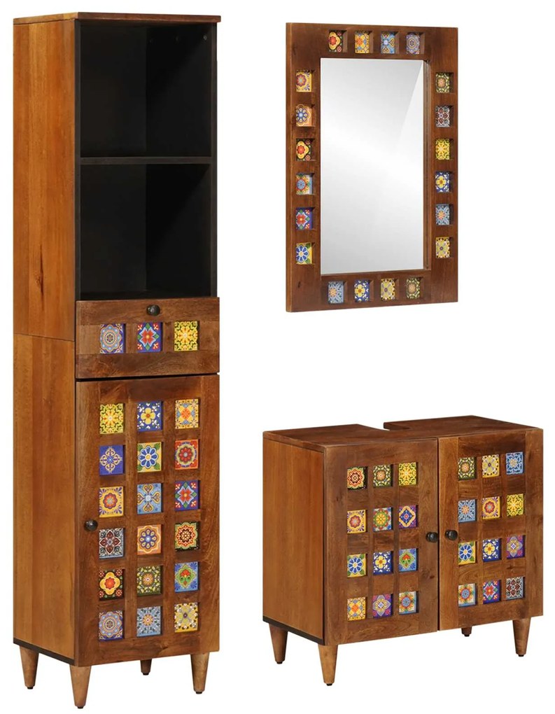 vidaXL Σετ Επίπλων Μπάνιου με συρτάρι 3 pcs Καρυδιά Στερεό ξύλο μάνγκο