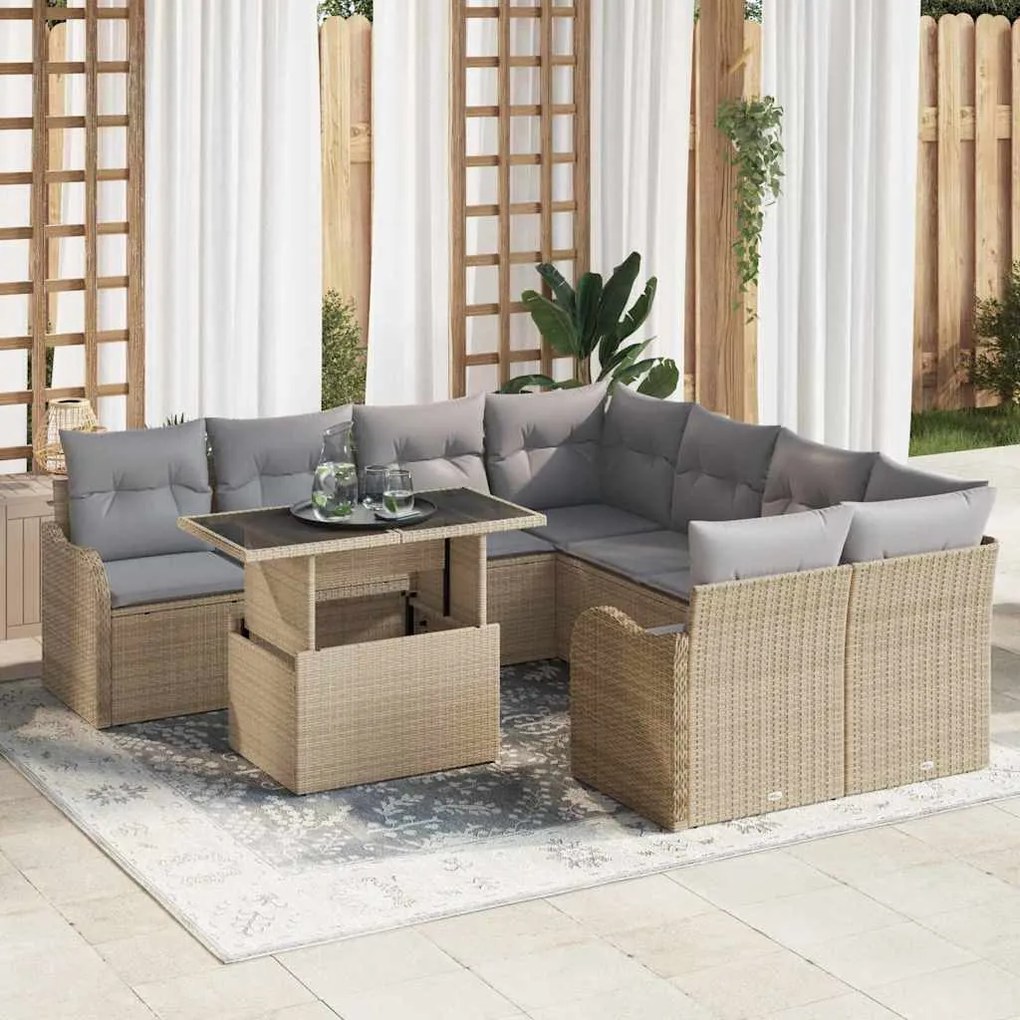 vidaXL Σετ Καναπέ Κήπου 9 pcs Μπεζ 100 x 55 x 73 εκ. Πολυ ράταν
