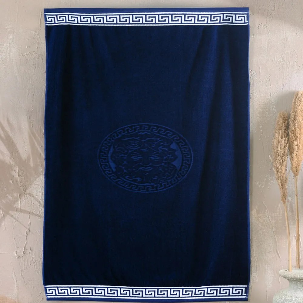Πετσέτα Θαλάσσης Βελουτέ Poseidon Blue-White Ρυθμός Θαλάσσης 85x160cm 100% Βαμβάκι
