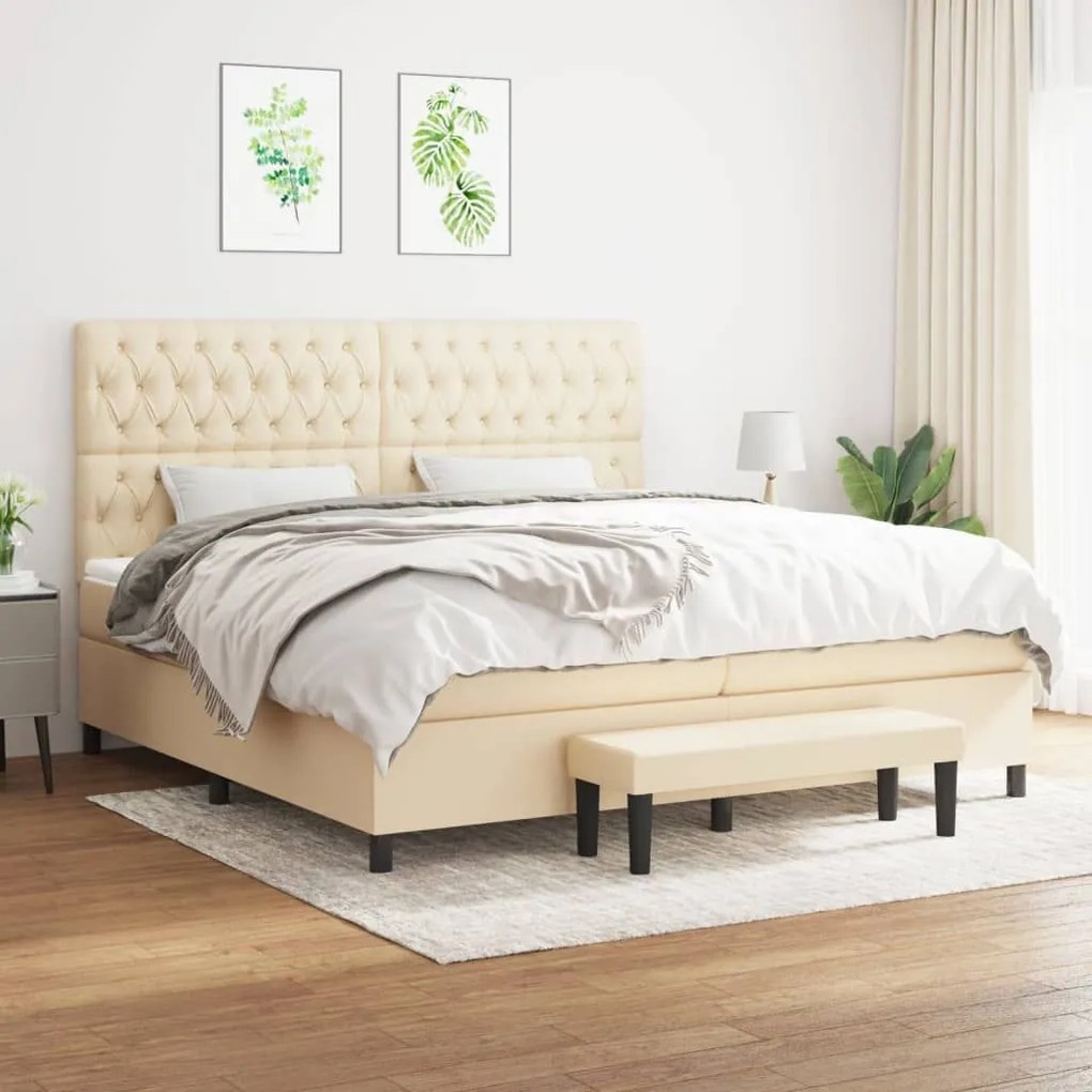 Κρεβάτι Boxspring με Στρώμα Κρεμ 200x200 εκ. Υφασμάτινο - Κρεμ