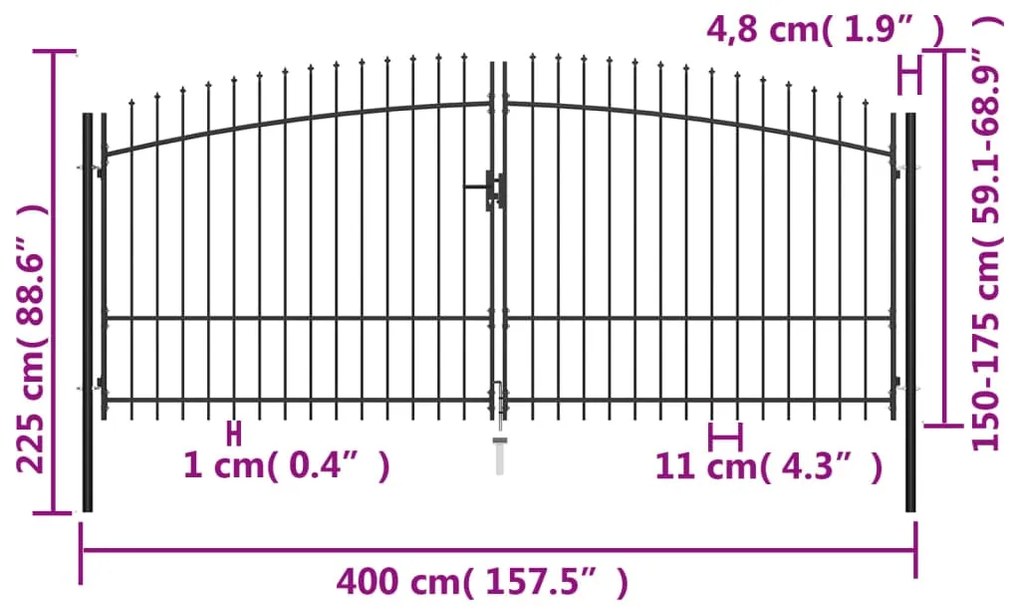 vidaXL Πόρτα Περίφραξης Διπλή με Λόγχες 400 x 225 εκ.