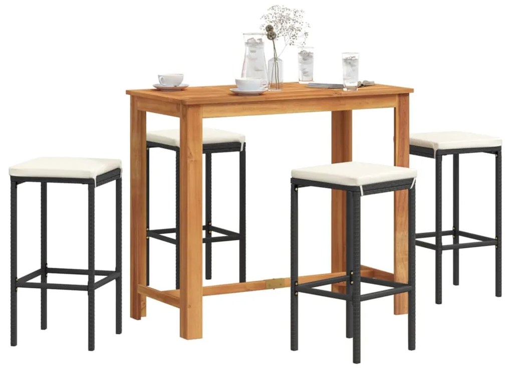 vidaXL Σετ Μπαρ Κήπου 5 Τεμ. Μαύρο Μασίφ Ξύλο Ακακίας και Συνθ. Ρατάν