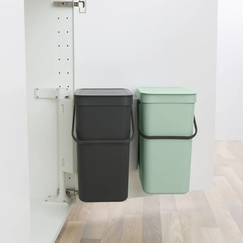 Brabantia Sort&Go ξεχωριστός κάδος 1005513, 2x12 l, Τοποθέτηση σε πόρτα ντουλαπιού κουζίνας, Γκρι/πράσινο