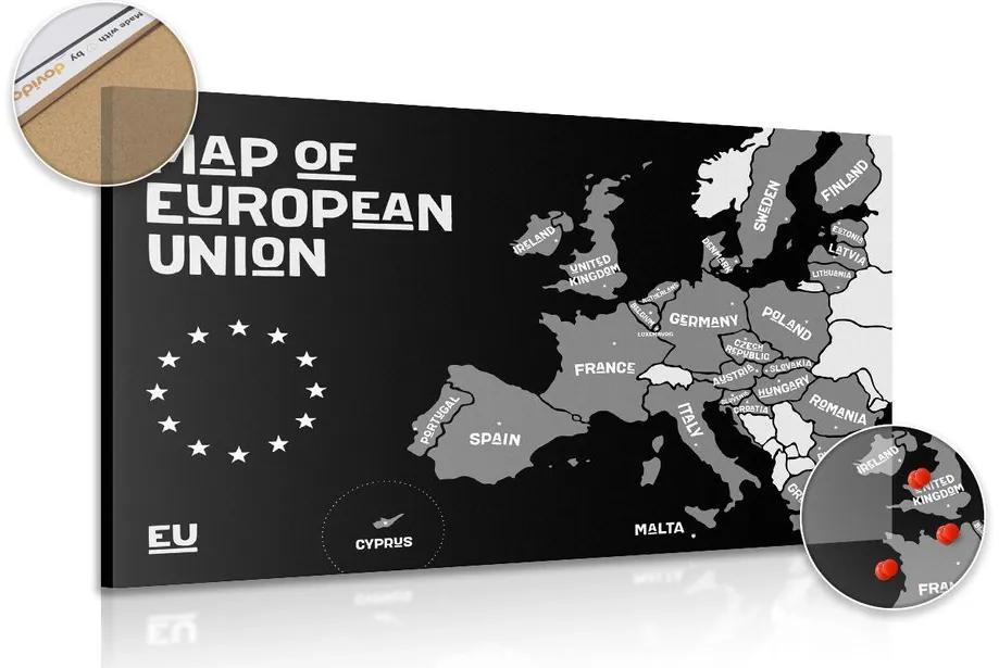Εικόνα σε εκπαιδευτικό χάρτη από φελλό με ονόματα χωρών σε μαύρο & άσπρο της ΕΕ - 120x80  color mix