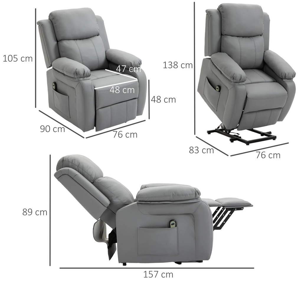 HOMCOM Ηλεκτρική Πολυθρόνα Ανύψωσης, Τηλεχειριστήριο, Επένδυση από Τεχνητό Δέρμα, Πολυθρόνα με Λειτουργία Ανύψωσης, Γκρι