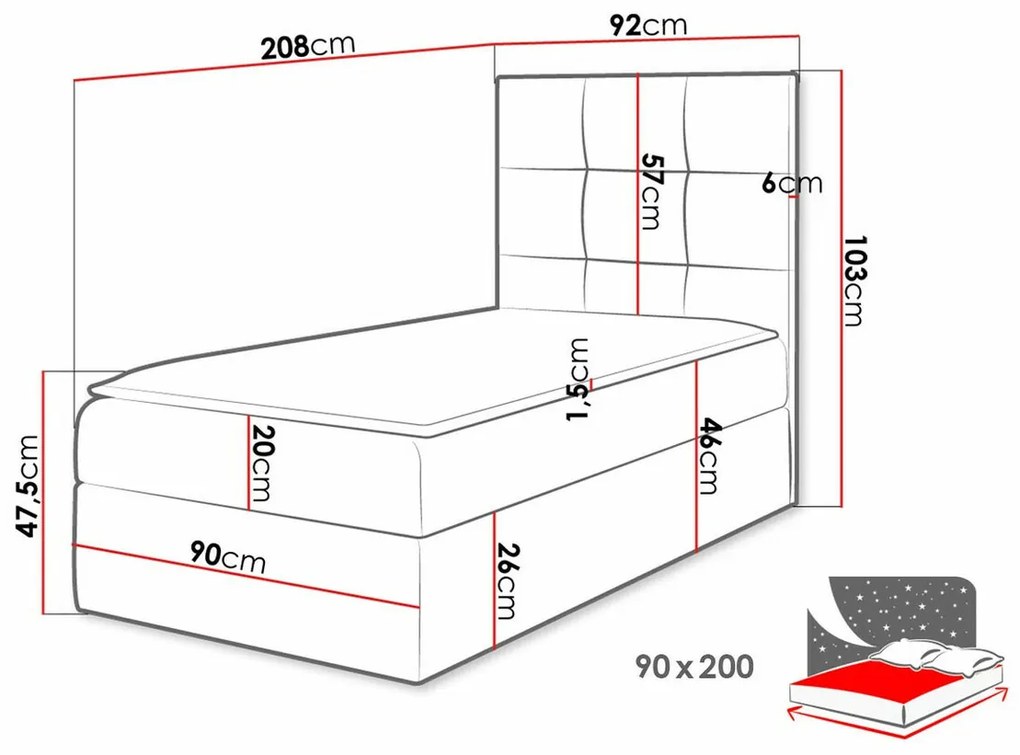 Κρεβάτι continental Baltimore 180, Continental, Μονόκλινο, Γκρι, 90x200, Οικολογικό δέρμα, Τάβλες για Κρεβάτι, 92x208x103cm, 65 kg, Στρώμα: Ναι