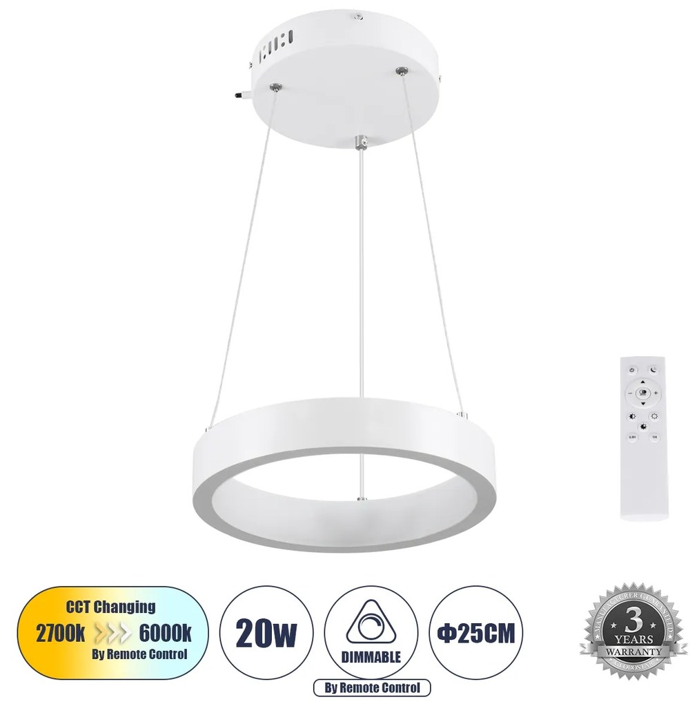 NEMESIS 61153 Κρεμαστό Φωτιστικό Δαχτυλίδι-Κύκλος LED CCT 20W 2356lm 360° AC 220-240V