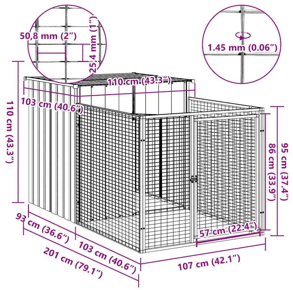 vidaXL Σπιτάκι Σκύλου με Αυλή Ανθρακί 110x201x110 εκ. Γαλβαν. Χάλυβας