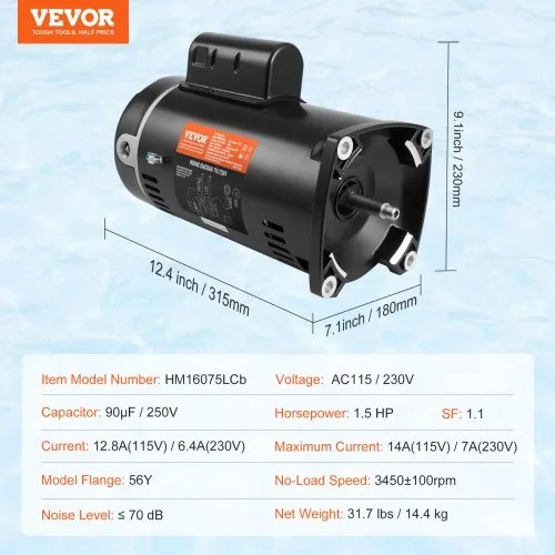VEVOR 1.5HP Pool Pump Motor 115/230V 12.8/6.4A 56Y 3450RPM 90μF/250V Capacitor