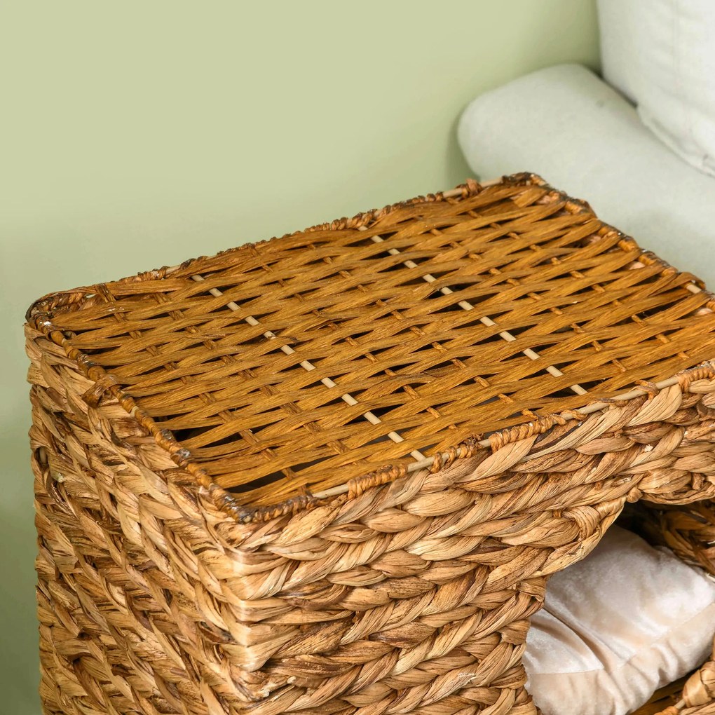 Δέντρο γάτας με πύργο ξυσίματος, 3 επίπεδα, μαλακά μαξιλάρια, πόρτες, υάκινθος νερού, ανοιχτό καφέ