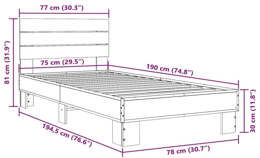 Πλαίσιο Κρεβατιού Sonoma Δρυς 75 x 190 εκ. Επεξ. Ξύλο &amp; Μέταλλο - Καφέ