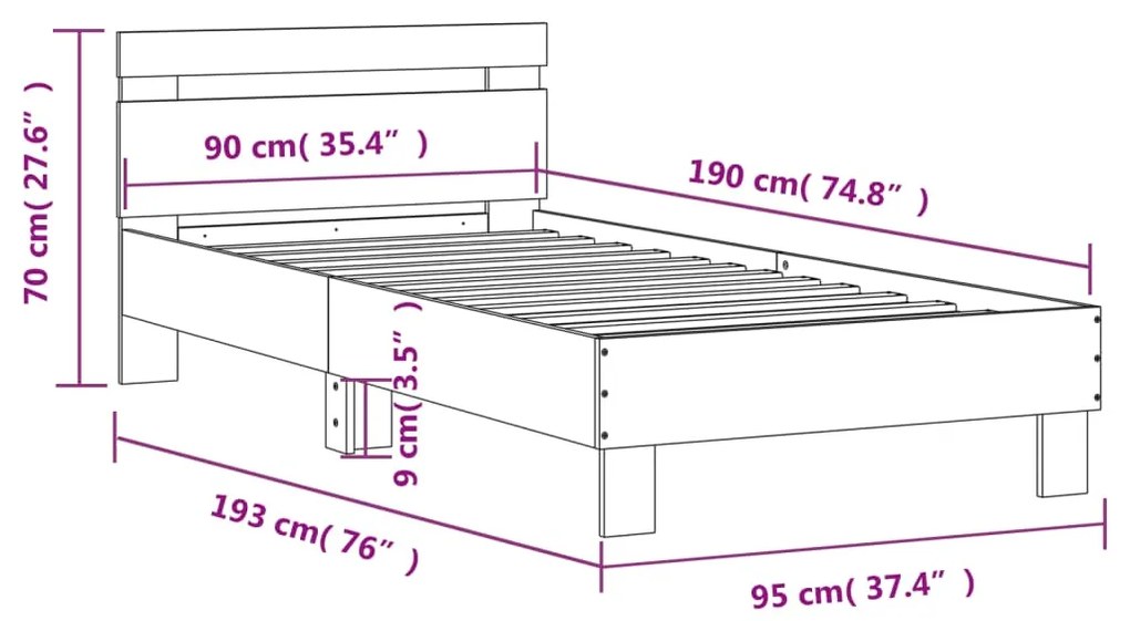 Πλαίσιο Κρεβατιού με Κεφαλάρι Μαύρο 90x190 εκ. Επεξ. Ξύλο - Μαύρο