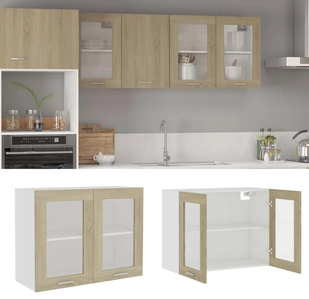 vidaXL Ντουλάπι Κρεμαστό με Τζάμι Sonoma Δρυς 80x31x60 εκ. Μοριοσανίδα