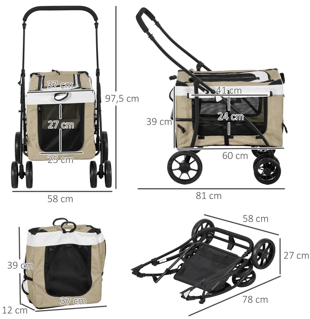 Καρότσι σκύλου PawHut για κατοικίδια, αναδιπλούμενο, αποσπώμενο καλάθι, 81 x 58 x 97,5 cm, μαύρο+χακί+λευκό
