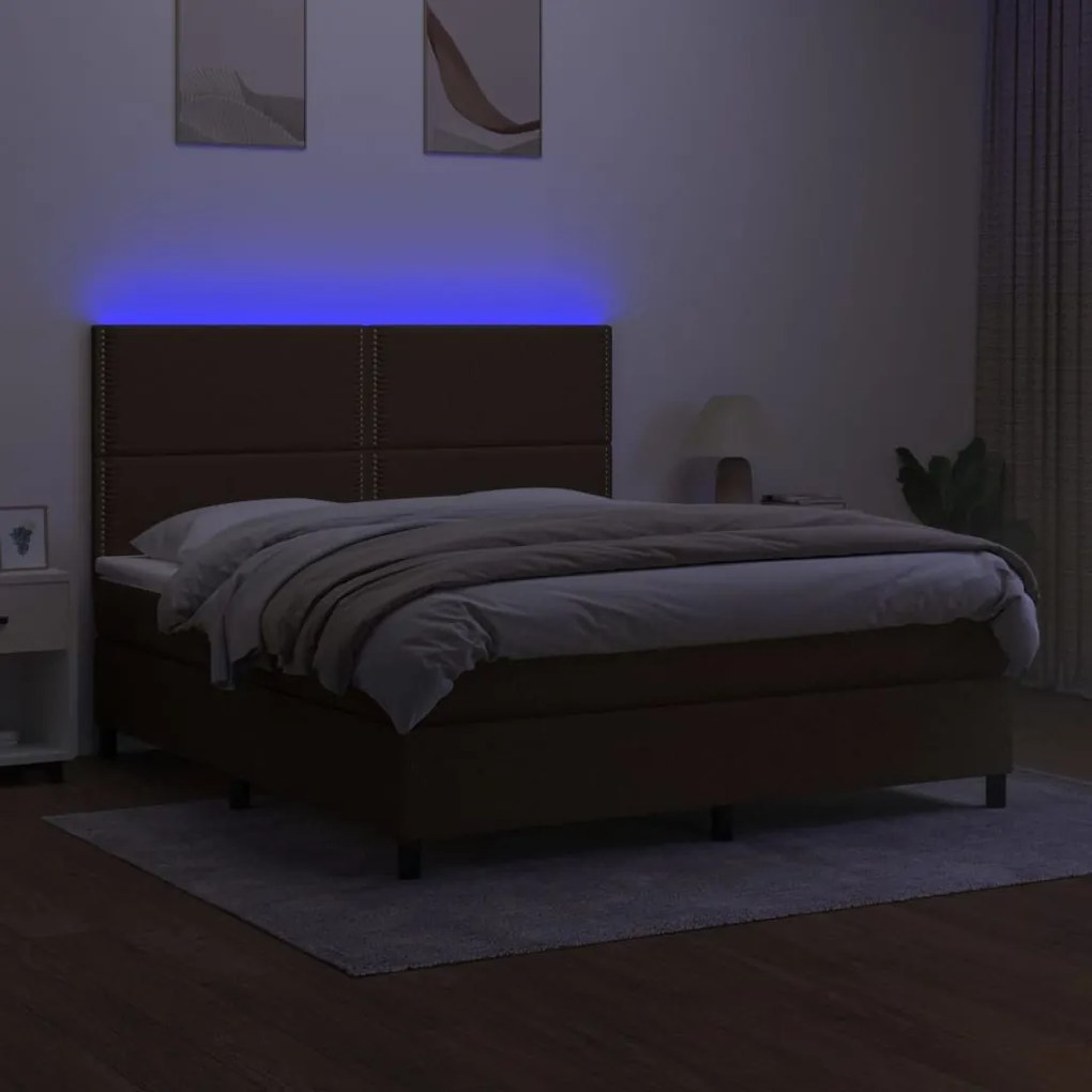 vidaXL Κρεβάτι Boxspring με Στρώμα & LED Σκ.Καφέ 180x200εκ. Υφασμάτινο