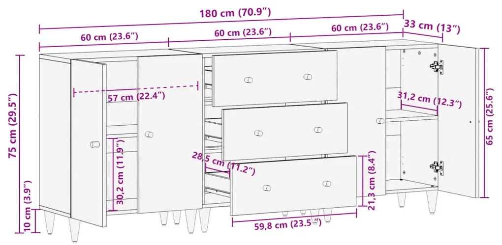 Βοηθητικά Ντουλάπια 3 Τεμ. 60x33x75 εκ. από Μασίφ Ξύλο Μάνγκο - Μαύρο