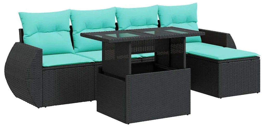 vidaXL Καναπές Κήπου 6 Τεμαχίων Μαύρο Συνθετικό Ρατάν Μαξιλάρια Ακακία