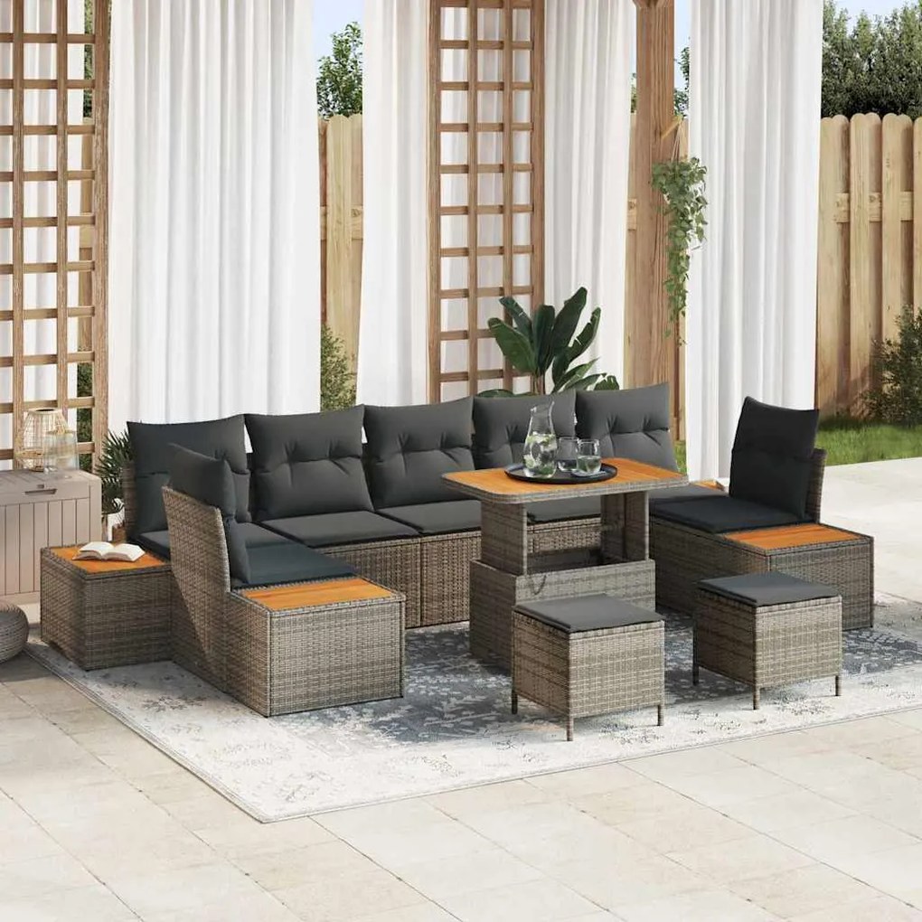 vidaXL Σετ Καναπέ Κήπου με μαξιλάρι 10 pcs Γκρι Πολυ ράταν